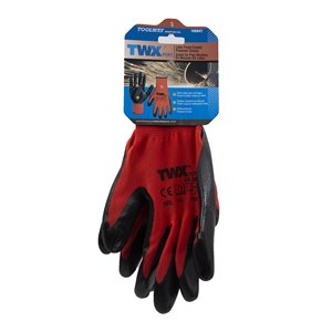 1dz. Knitted Polyester Gloves Red With Nitrile Black PU Palm (XL)