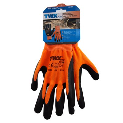 1dz. Knitted Polyester Gloves Orange with Latex Foam Black Palm (XL)