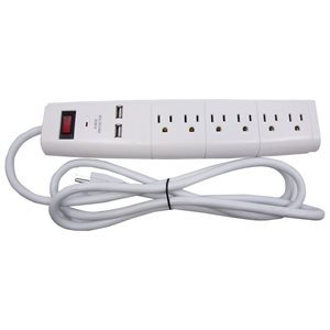 Surge Protector Power Bar With 2 USB Charging Ports 6ft 6 Outlet 280 Joules White