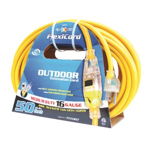 Extension Cord Outdoor SJTW 16 / 3 1-Outlet Lighted 30ft Yellow