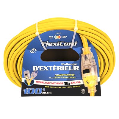 Extension Cord Outdoor SJTW 16 / 3 Lighted Single Tap 100ft Yellow