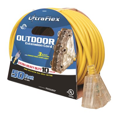 Extension Cord Outdoor / Indoor SJTW 10 / 3 Lighted 3-Tap Yellow 100ft