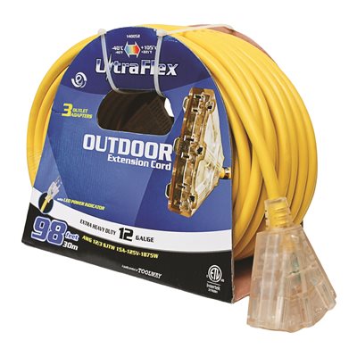 Extension Cord Outdoor SJTW 12 / 3 Lighted 3-tap Yellow 100ft