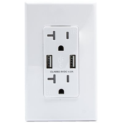 Prise Decora Double avec Port USB Type A&C 20Amp Blanche