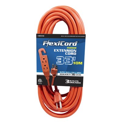 Extension Cord Indoor SJTW 16 / 3 3-Tap 30ft Orange