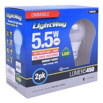 2PK Ampoule LED A19 Dimmable à Base E26 5.5W Blanc Chaud