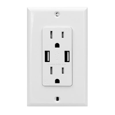 Decora Duplex Receptacle Wall Plate With 2 USB Chargers White