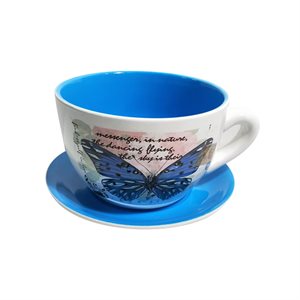 Tea Cup Planter & Saucer Large Butterfly Blue 7.5in
