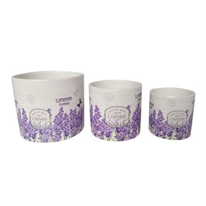 Planter Set Ceramic Round White with Lavender flowers 3 / set