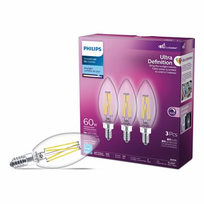 3PQ Ampoule DEL Transparente Lustre Ultra Définition B11 E12 5W=60W 500lm Lumière du Jour