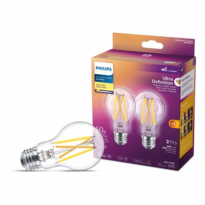 2PQ Ultra Definition Ampoules DEL Claires A19 60W E26 Blanc Doux Lueur Chaude Gradable