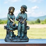 Garden Statue of Girl and Boy Sitting on Bench with Puppy 16" high