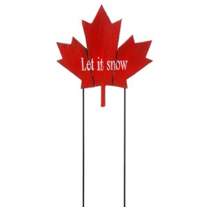 Wooden Maple Leaf Stake 'Let It Snow' 11.8 x 12.4" Red